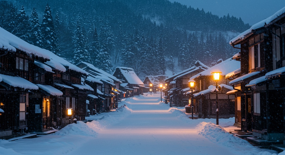 눈 내리는 저녁, 가스등이 켜진 로맨틱한 분위기의 일본 소도시 운하 풍경