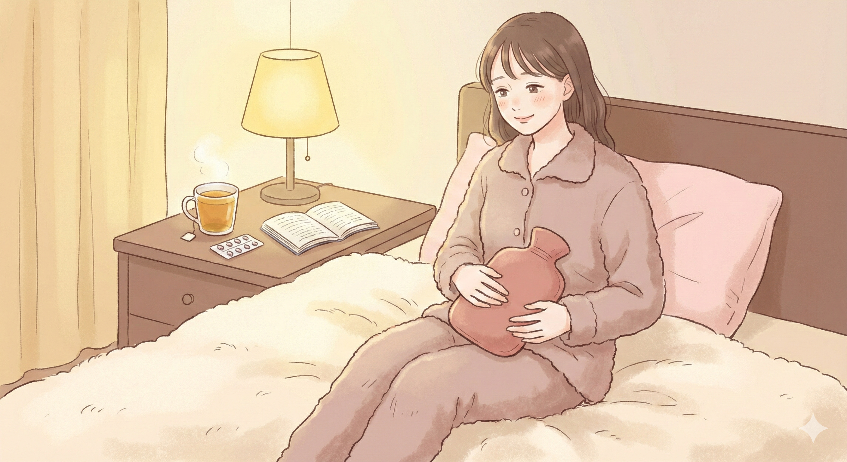 따뜻한 분위기의 침실, 푹신한 침대 위에 편안한 잠옷을 입은 여성이 앉아 있다. 그녀는 아랫배에 귀여운 온수 팩(보틀)을 끌어안고 있으며, 표정은 통증이 가라앉아 안도하고 편안해 보인다. 침대 옆 협탁에는 김이 모락모락 나는 따뜻한 허브티 한 잔과 진통제 패키지, 그리고 읽다 만 책이 놓여 있다. 조명은 은은한 노란빛 스탠드 조명으로 아늑함을 더하고, 전체적인 색감은 따뜻한 베이지, 연한 핑크, 코코아 색으로 구성하여 포근하고 치유되는 느낌을 주는 일러스트 스타일.