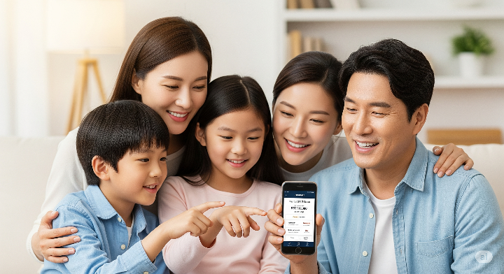 디지털 온누리상품권 앱 화면을 들여다보는 가족의 모습