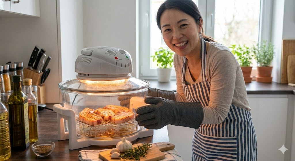 주방 조리대 앞에서 줄무늬 앞치마를 입은 여성이 활짝 웃으며, 불이 켜진 광파오븐 안의 삼겹살을 장갑을 낀 채 가리키고 있다.
