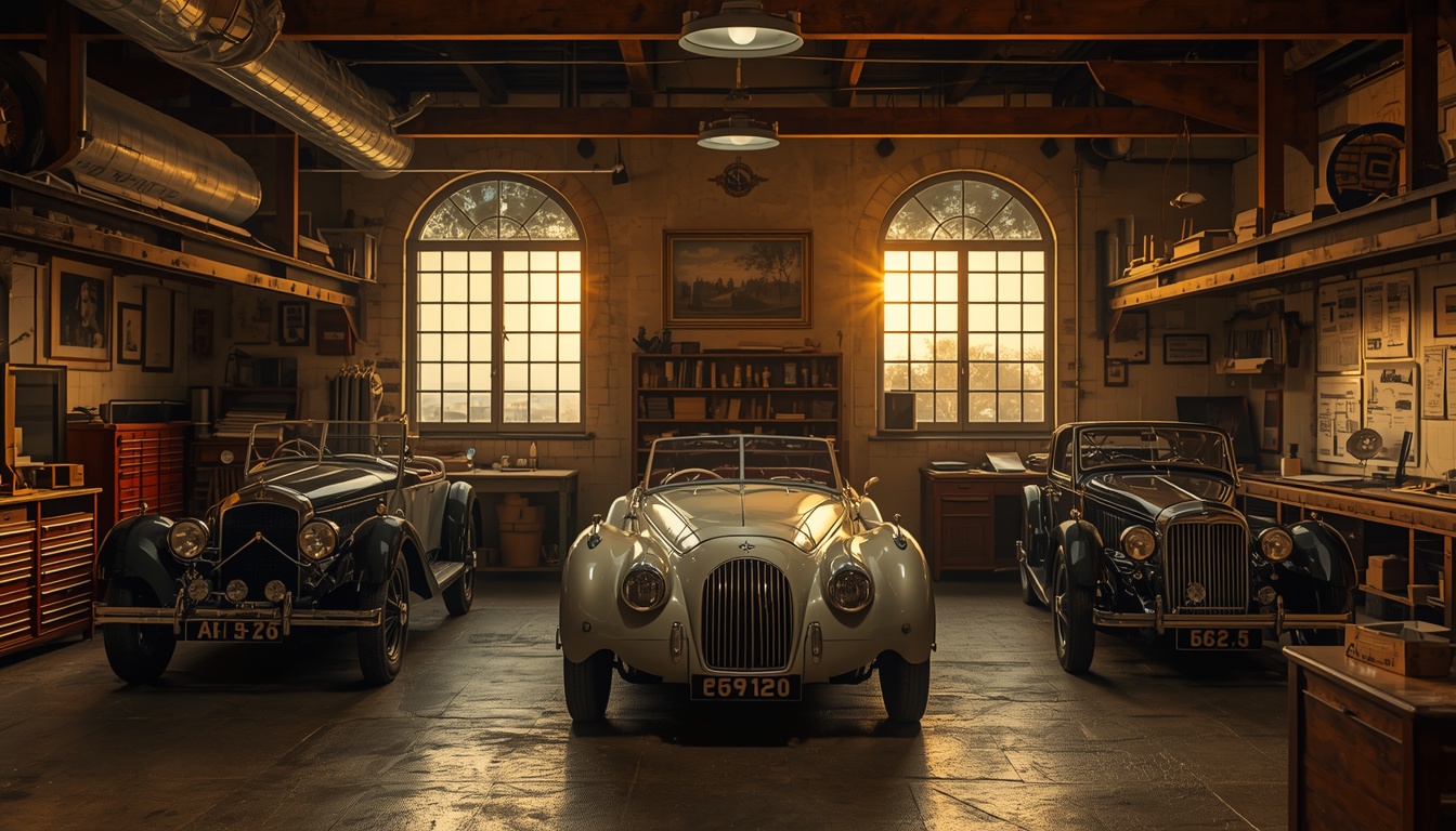 A historical portrait concept of automotive engineers and designers in a classic European workshop.
