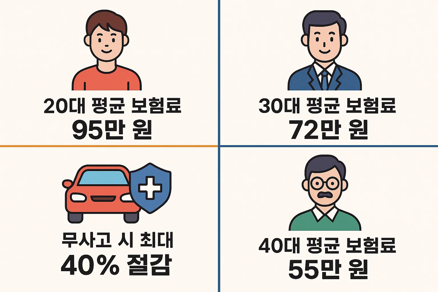 20대, 30대, 40대 평균 자동차 책임보험료와 무사고 시 절감률을 한눈에 비교할 수 있는 표 형식의 인포그래픽입니다.