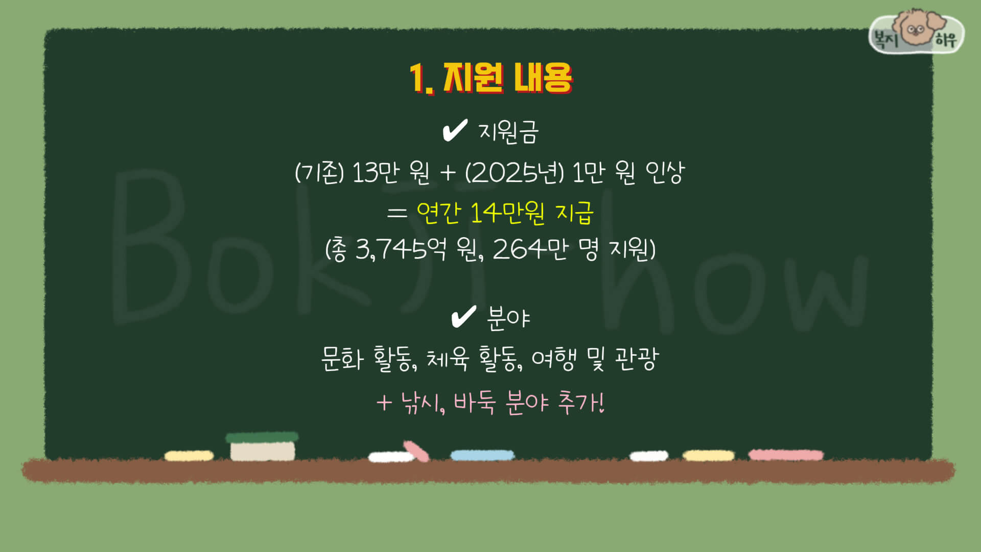 문화누리카드 지원금은 2025년에 1만원이 인상 되었으며, 낚시와 바둑 분야도 추가되었다.