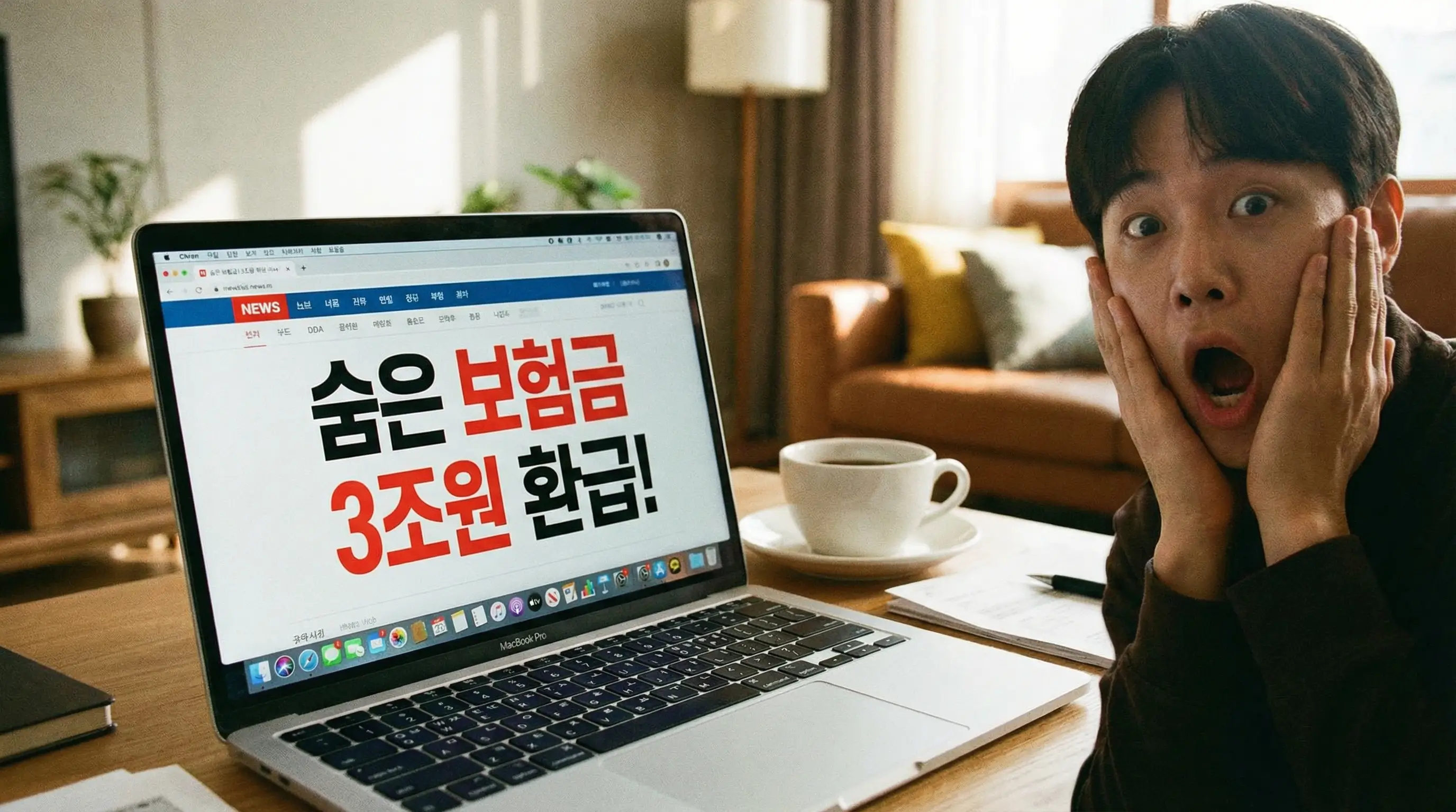 노트북 화면에 '숨은 보험금 3조원 환급'이라는 뉴스가 떠 있고, 옆에는 깜짝 놀라는 표정의 사람 모습