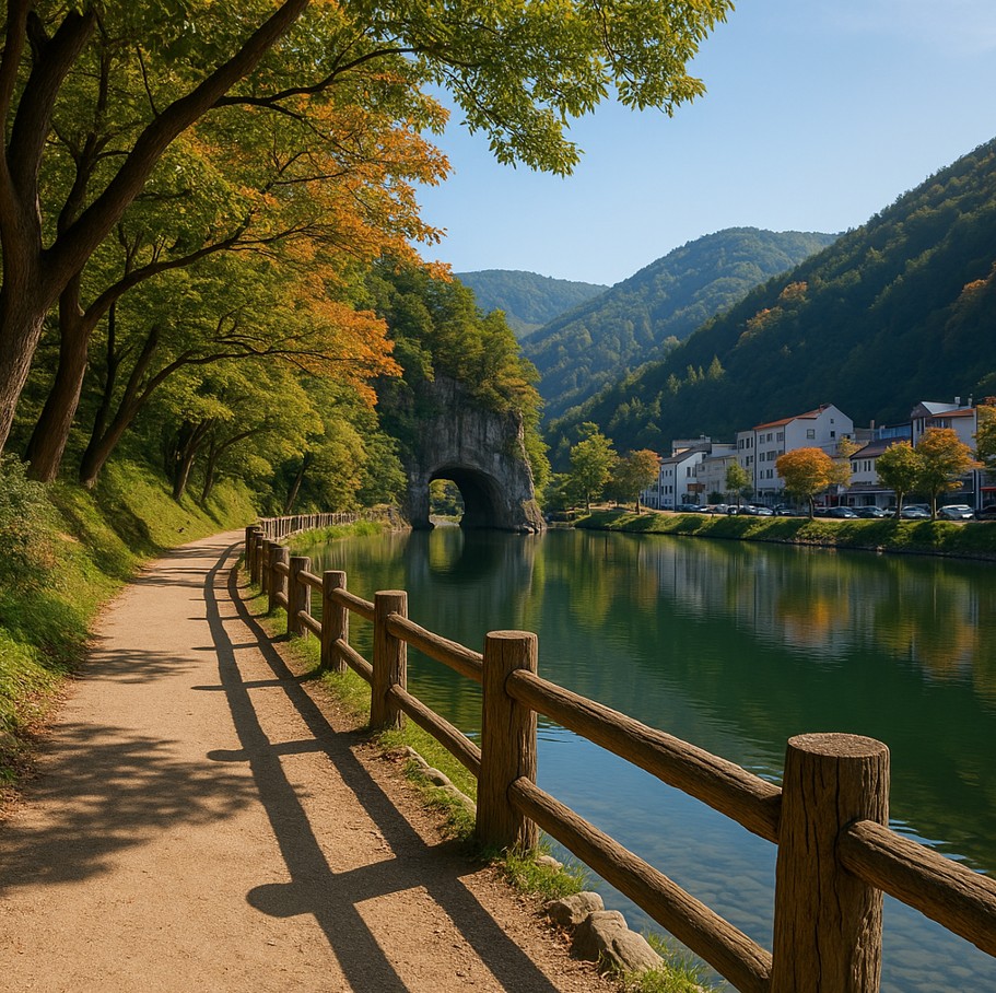 연못과 터널이 보이는 풍경 사진