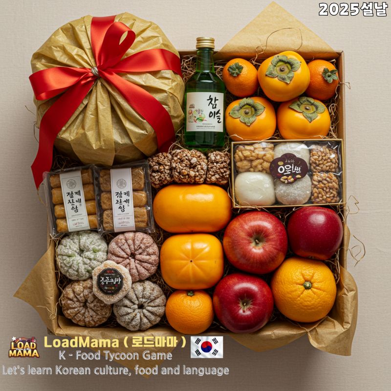 한국 전통 간식, 과일, 전통 술병으로 구성, 고급스러운 포장