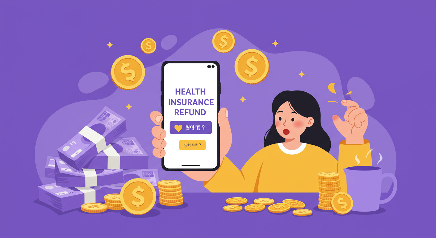 건강보험료 과오납 환급 알림을 받고 기뻐하는 사람의 모습, 건강보험료 환급의 기쁨과 금전적 이득을 상징.