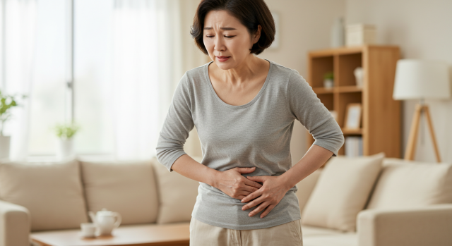 오른쪽 윗배를 손으로 잡고 불편해하는 한국인 여성