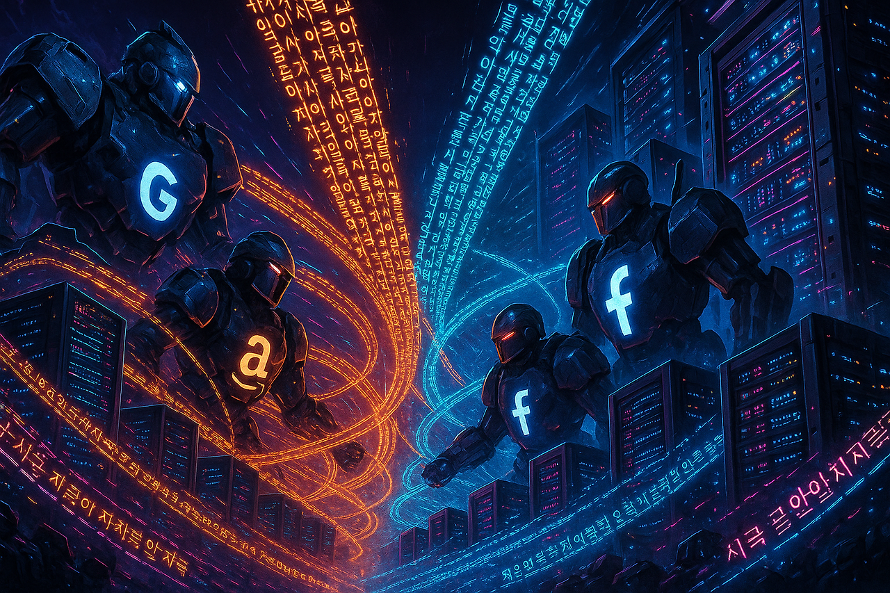 빅테크 기업들과 데이터 서버 간의 전쟁을 시각화한 이미지