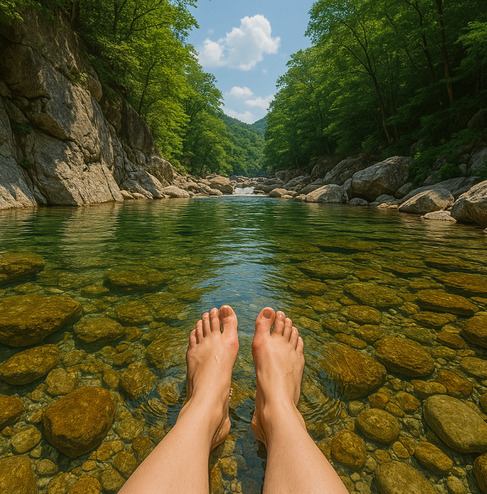 강원도 덕풍계곡에서 시원하게 발담그는 모습