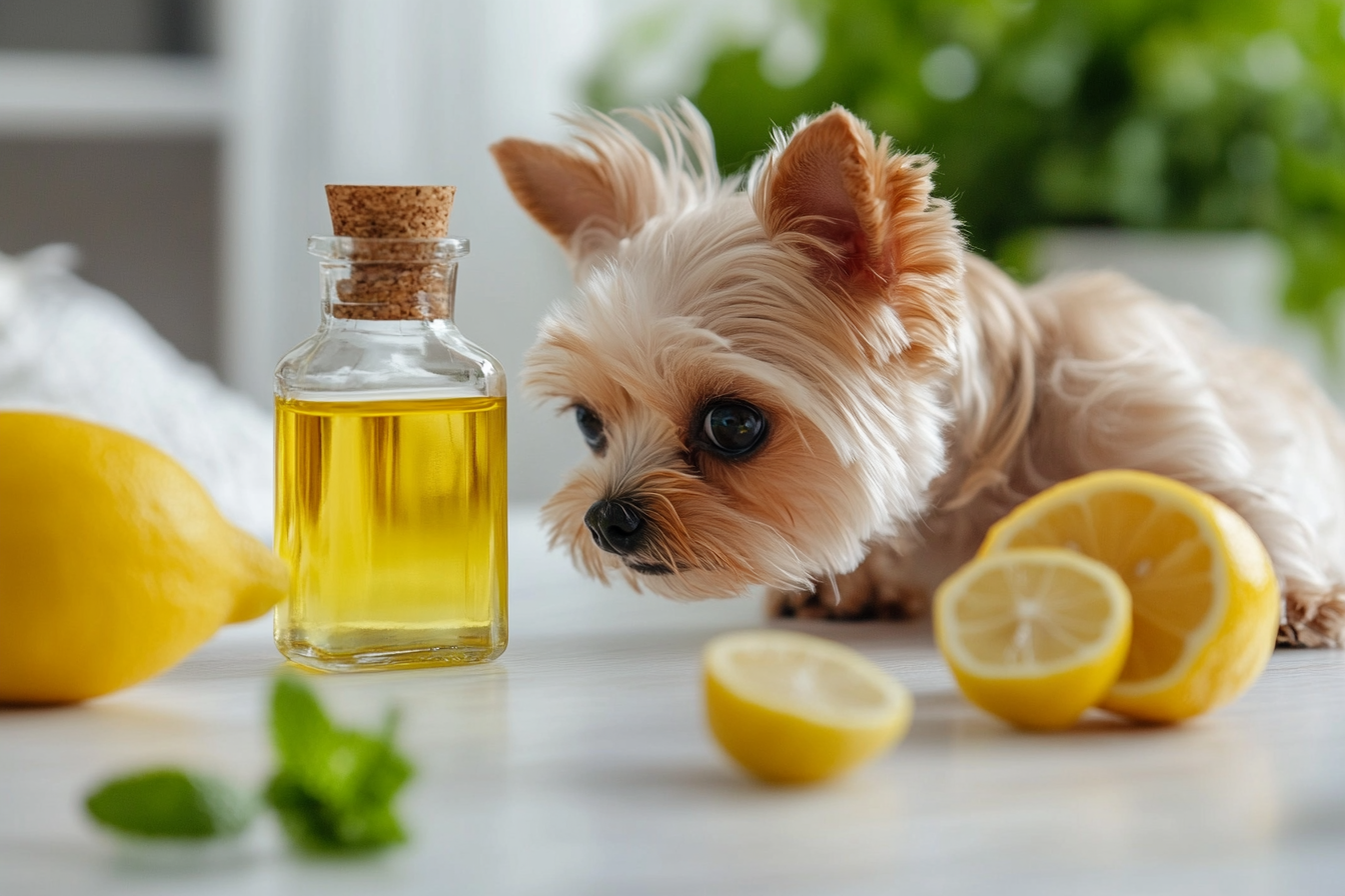 A small dog turning its head away from a lemon