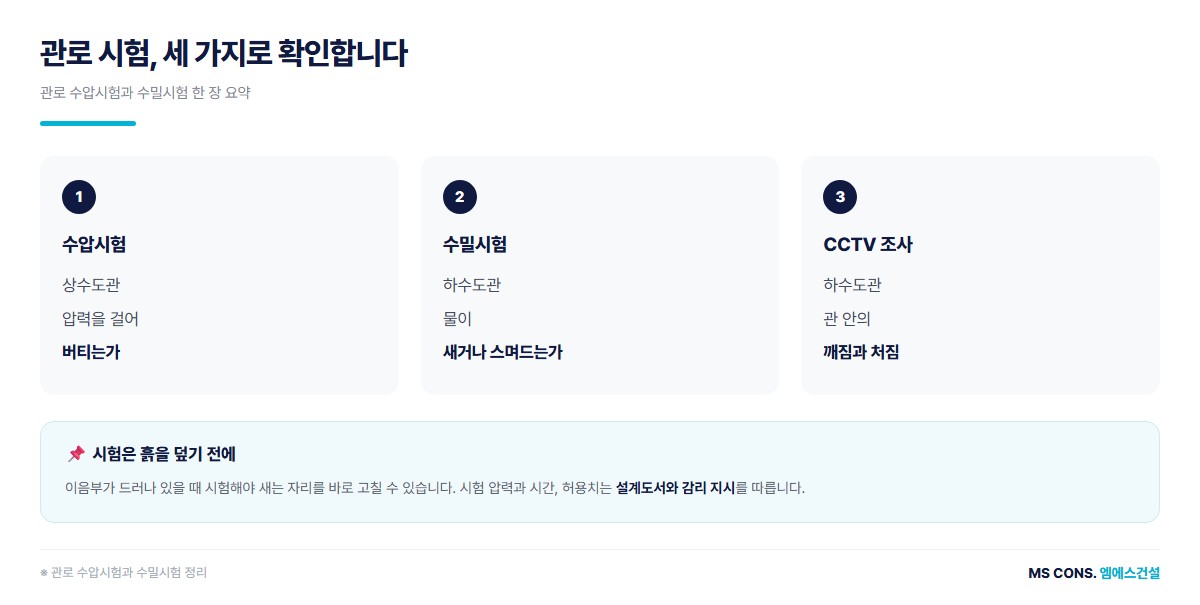 관로 시험 한 장 요약 도해 — 상수도 수압시험, 하수도 수밀시험, CCTV 조사가 각각 무엇을 보는지