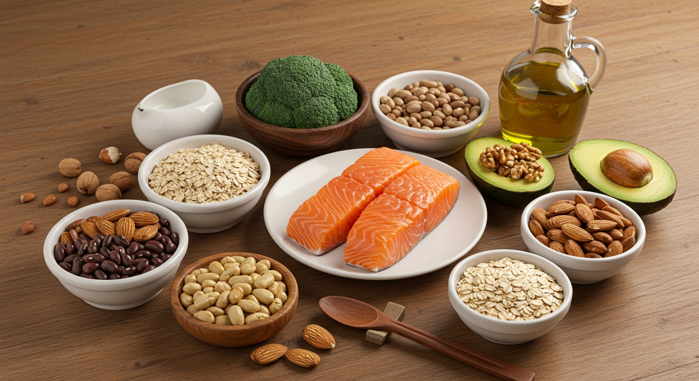 콜레스테롤 낮추는 건강식품이 테이블에 아름답게 배치된 모습