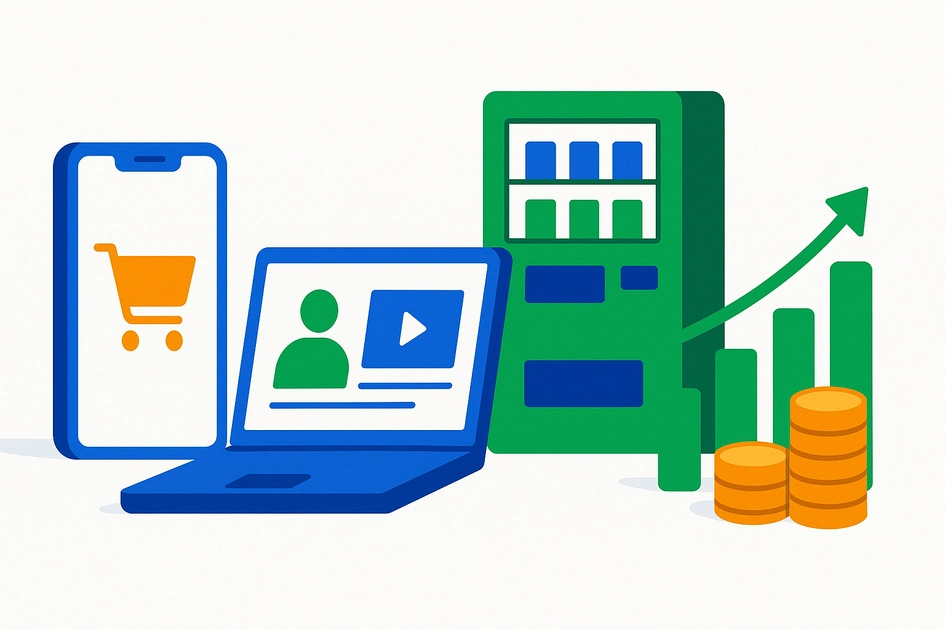 2025년 소자본 창업 아이템 추천 인포그래픽 - 온라인 쇼핑몰, 무인 매장, 온라인 클래스 등 초기 비용 적게 들이는 창업 아이디어 5가지