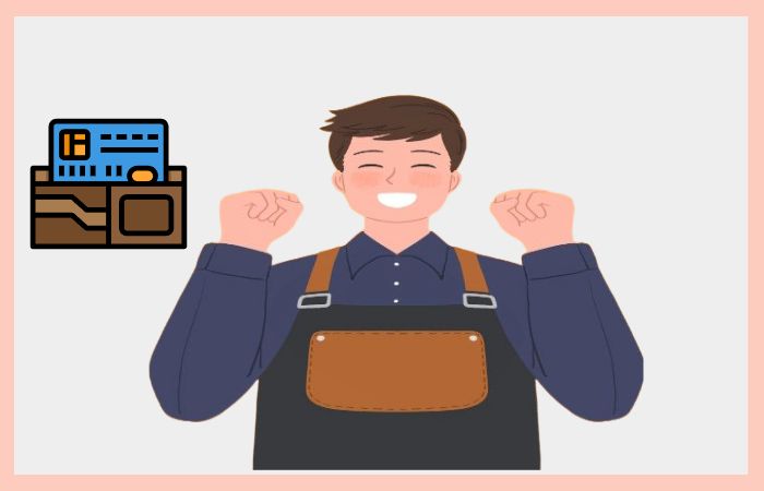 앞치마를 착용한 자영업자가 소비쿠폰으로 매출이 늘어나 기뻐하는 모습과 신용카드 아이콘
