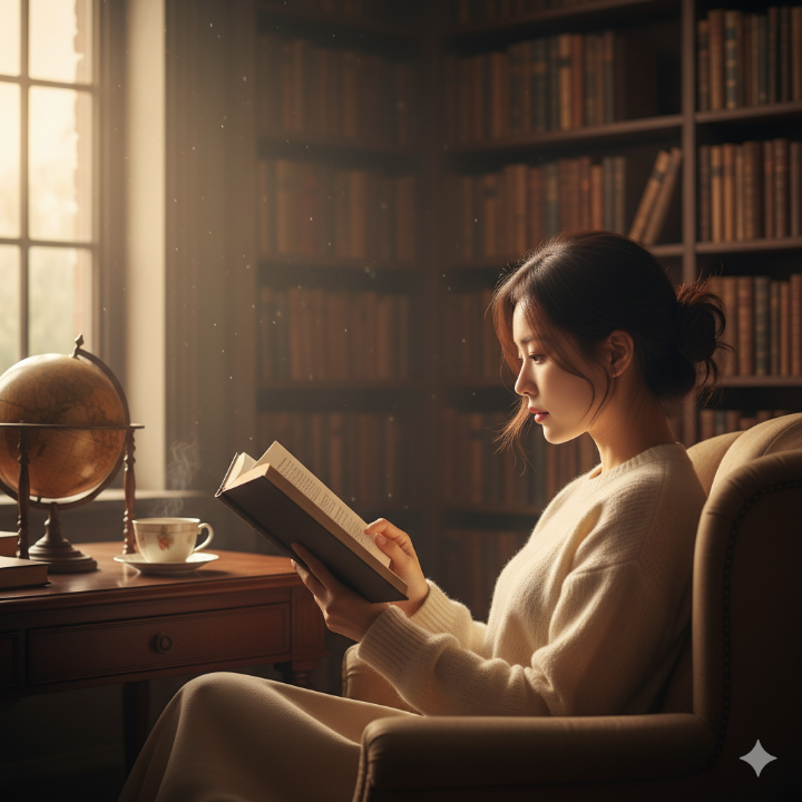 차분한 분위기의 서재에서 책을 읽는 사람의 옆모습