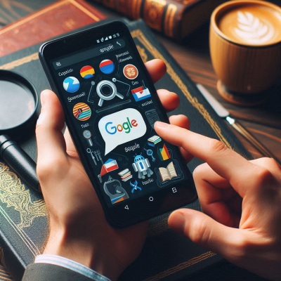 스마트폰 화면에서 구글 로고와 다양한 애플리케이션 아이콘들이 배열된 모습입니다.