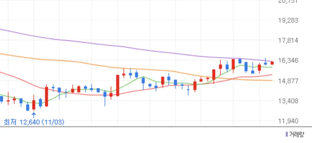 파란봉과 붉은 봉이 섞여있는 국보디자인 주식 차트
