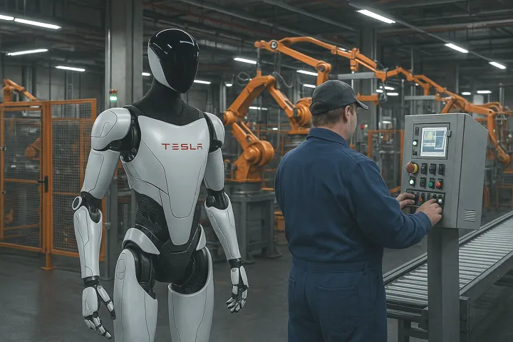 테슬라 공장 내부에서 대기 중인 옵티머스 휴머노이드 로봇
