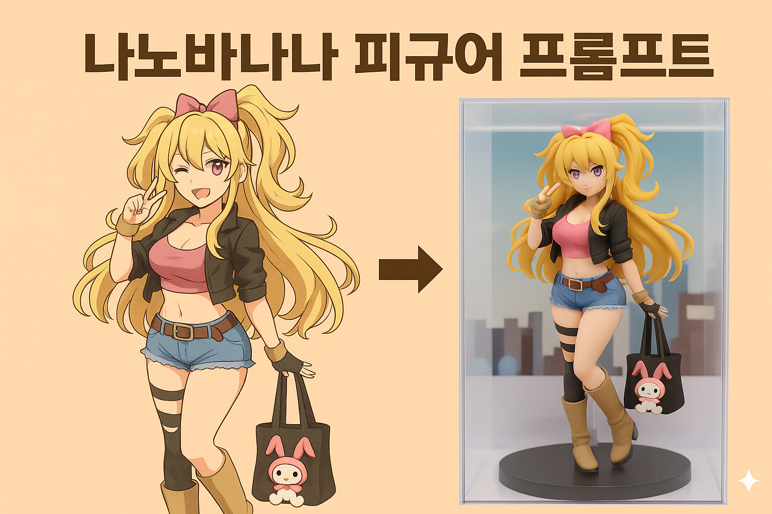 "나노바나나 피규어 프롬프트로 생성된 고해상도 3D 피규어 이미지. 원본 만화 스타일 캐릭터가 실제 피규어처럼 입체적으로 변환된 모습"