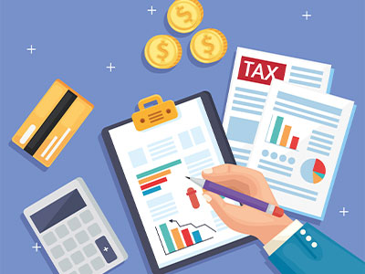 계산기&amp;#44; 연필&amp;#44; 금화 아이콘과 함께&amp;#44; 한 손이 그래프가 그려진 세금 문서를 확인하고 있는 이미지. 세무 분석 및 환급 결과를 정리하는 모습입니다