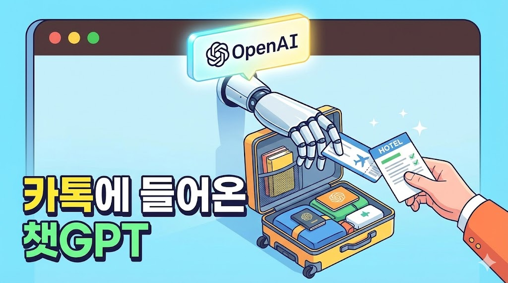 카카오톡 상단 탭을 통해 챗GPT가 여행 계획 등 편의 기능을 제공하는 일러스트