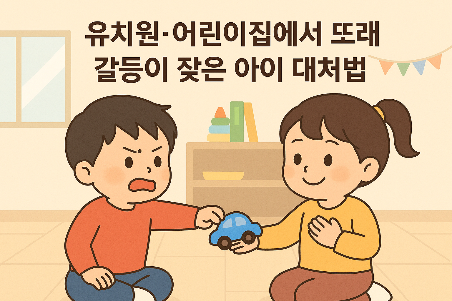 유치원 교실에서 3~5세 한국 남자아이와 여자아이가 장난감을 두고 다투다 서로 양보하며 화해하는 따뜻한 장면