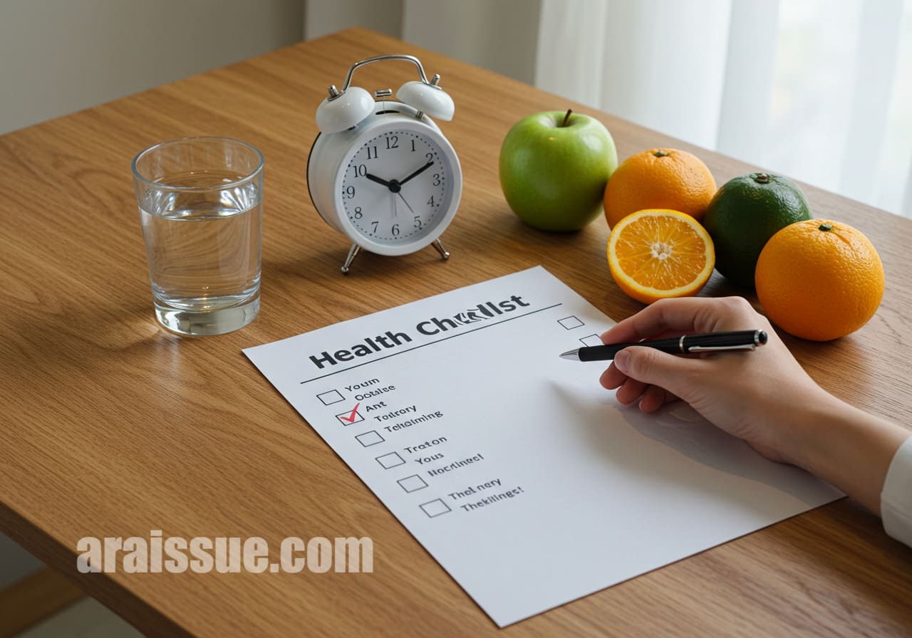 건강 체크리스트와 물, 시계, 과일이 놓인 책상 위에 한국 여성의 손이 체크박스를 표시하고 있습니다. 루틴 실행을 준비하는 일상적인 상황을 상징적으로 표현한 장면입니다.