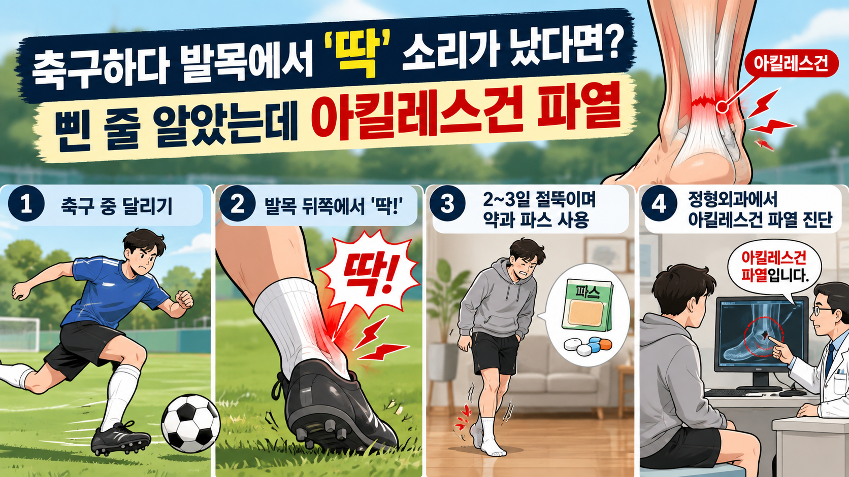 축구 중 발목 뒤에서 딱 소리가 난 뒤 아킬레스건 파열 진단을 받은 과정을 설명하는 인포그래픽