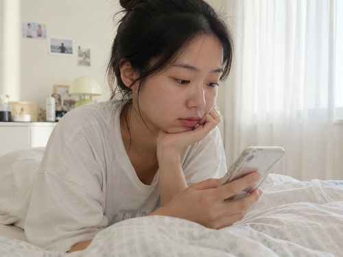 침대에 누워 스마트폰을 보며 턱을 괴고 있는 20대 여성의 자연스러운 생활 사진