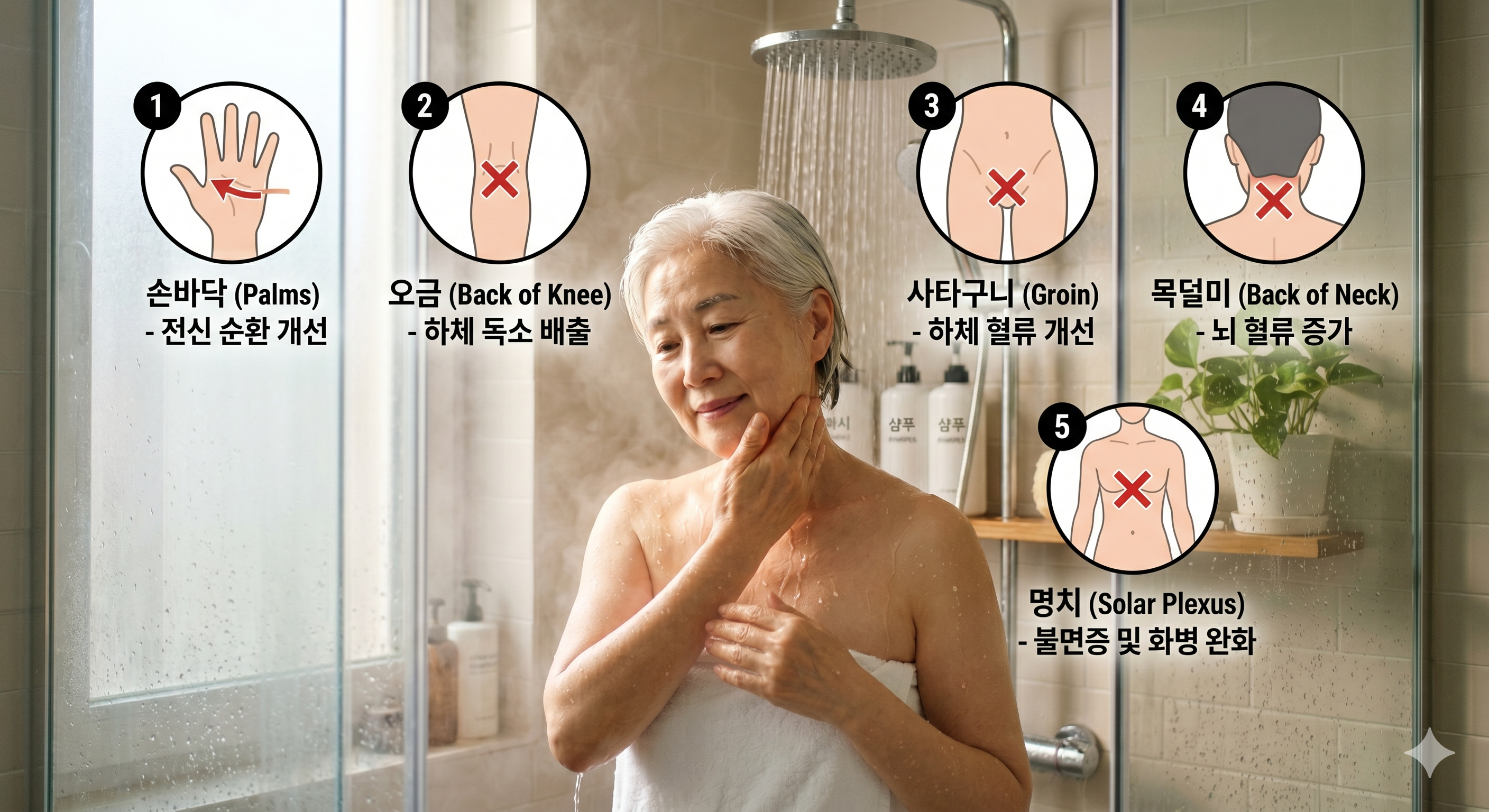 65세 이상 시니어의 샤워 마사지 부위 요약, 여성 시니어 사진에 그림으로 5부위 표시함