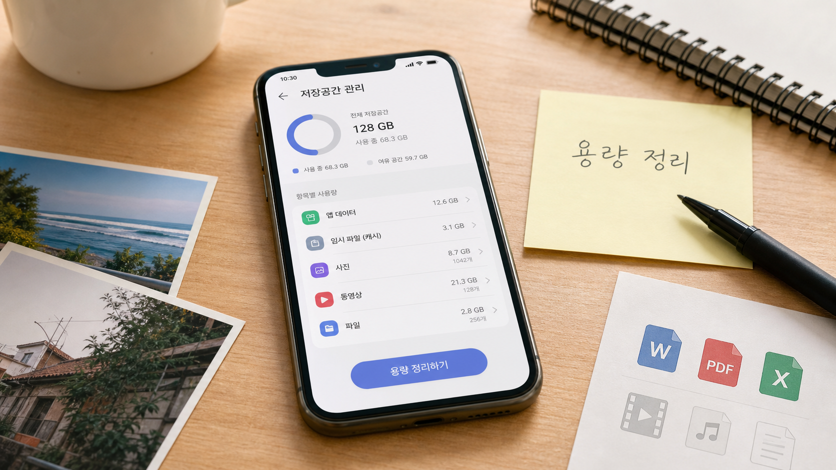 스마트폰 저장공간에서 카카오톡 용량과 채팅방 사진, 파일을 확인하는 장면
