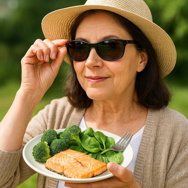 자외선 차단 선글라스를 착용하고 건강식을 든 중년 여성(출처: 자체제작)