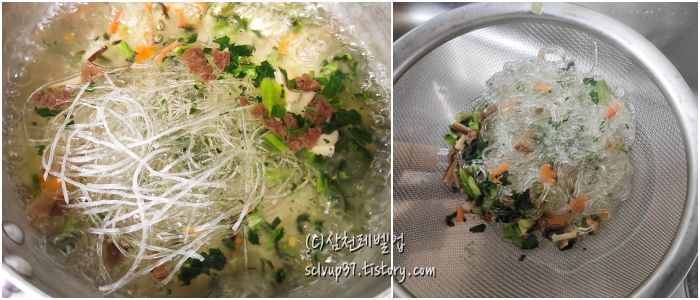 오뚜기 옛날 잡채 조리과정 끓이고 체에 물빼기