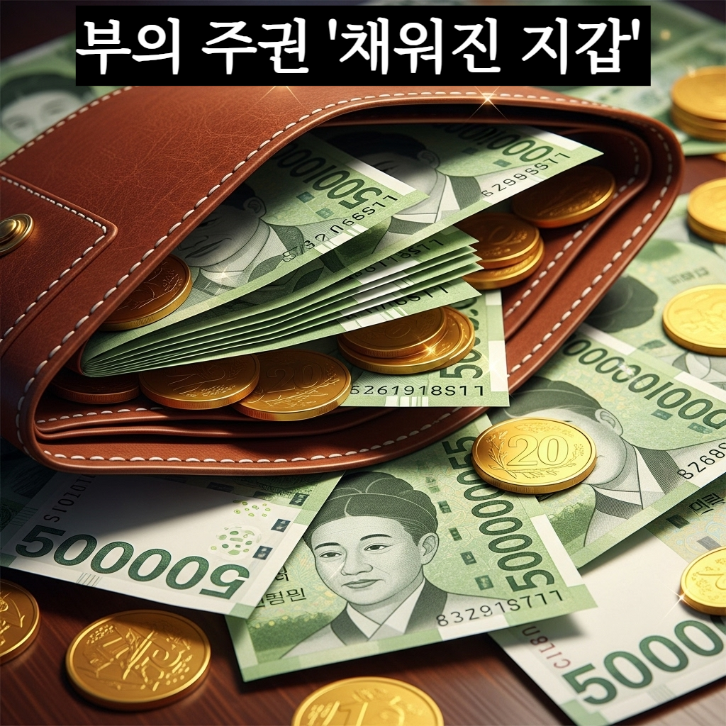 고급스러운 가죽 지갑 안에 신사임당 5만원권 지폐와 황금 동전이 넘칠 듯 가득 차 있는 장엄하고 풍요로운 분위기의 일러스트