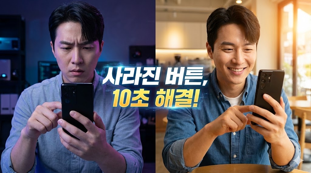 원클릭으로 스마트폰 내비게이션 바 버튼 문제를 해결하는 방법을 보여주는 분할 화면 이미지.