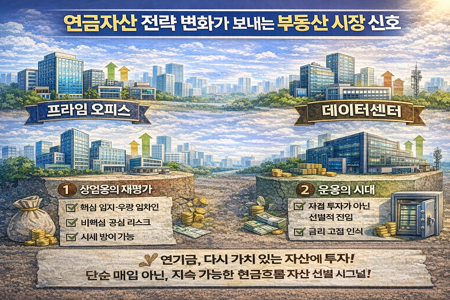 연금자산 운용 전략 변화가 국내 부동산 시장에 주는 신호를 정리한 인포그래픽