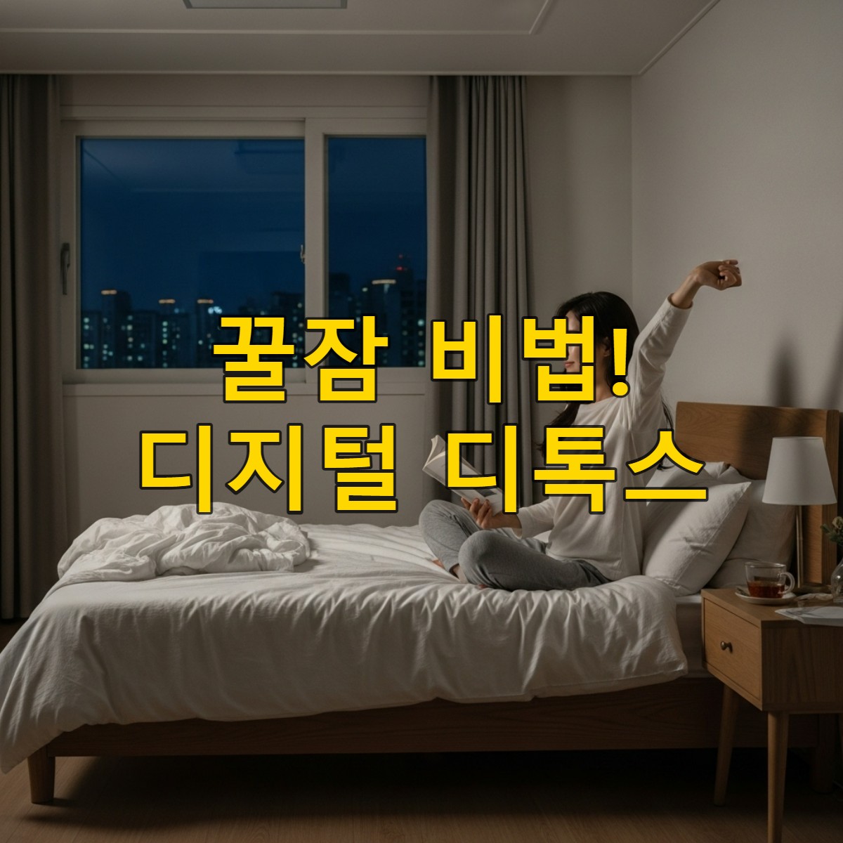 평화로운 침실에서 책을 읽으며 디지털 기기 없이 숙면을 준비하는 한국 여성.