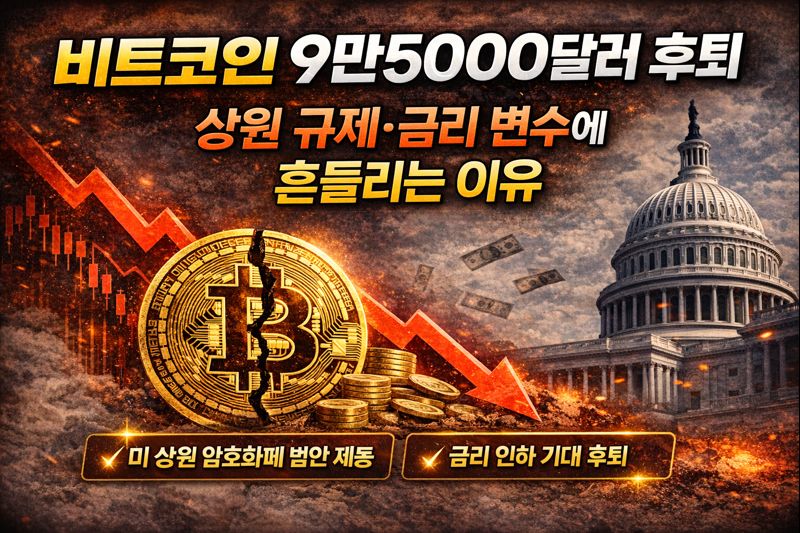 비트코인 9만5000달러 후퇴&hellip;상원 규제&middot;금리 변수에 흔들리는 이유