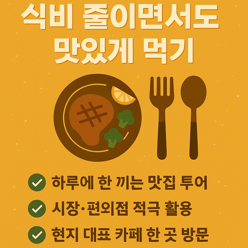 식비 줄이면서도 맛있게 먹는 방법을 소개하는 노란색 배경의 정보형 썸네일로, 음식 일러스트와 체크리스트가 포함된 그래픽 디자인 이미지.