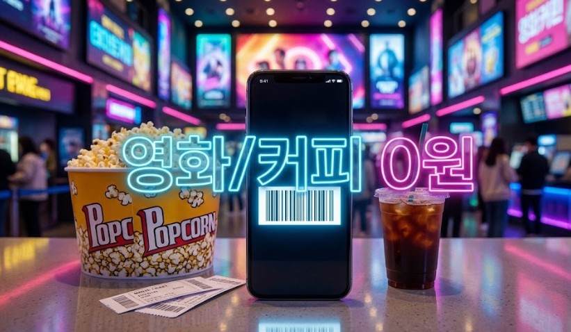 스마트폰 멤버십 바코드와 배경의 영화 팝콘 커피, 영화 커피 0원