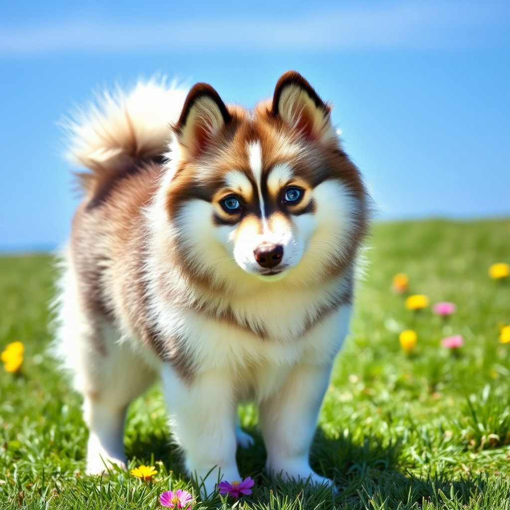 꽃이 군데군데 피어있는 잔디밭에 폼스키 한 마리가 서있다.