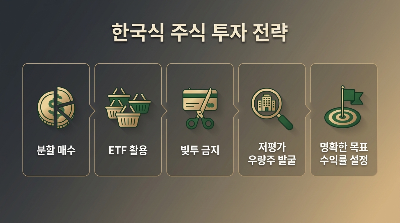 분할 매수, ETF 활용, 빚투 금지, 우량주 발굴, 목표 수익률 설정 등 코스피 최고점 투자 전략 5가지를 요약한 인포그래픽