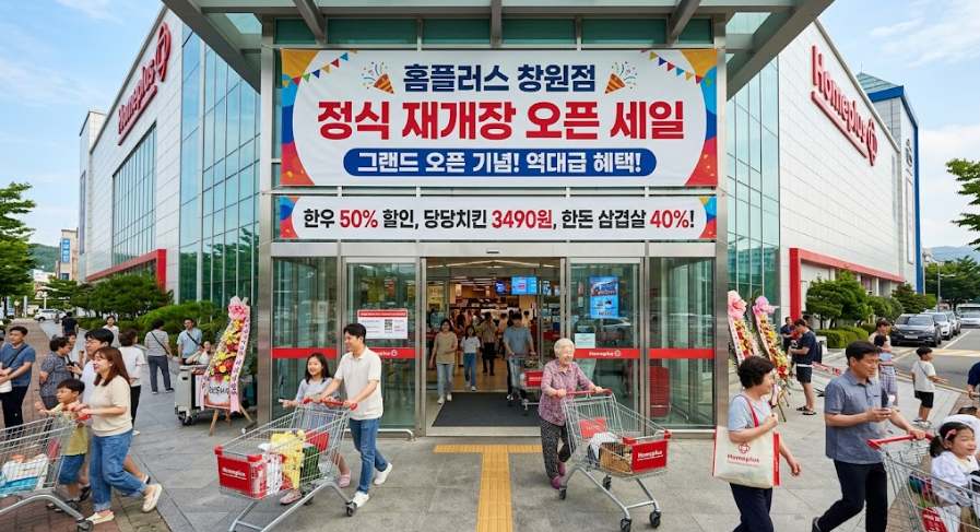 활기찬 매장 입구: "현대적인 대형마트 정문에 화려한 '정식 재개장 오픈 세일' 현수막이 걸려 있고, 쇼핑 카트를 끌며 밝게 입장하는 고객들의 생생한 모습