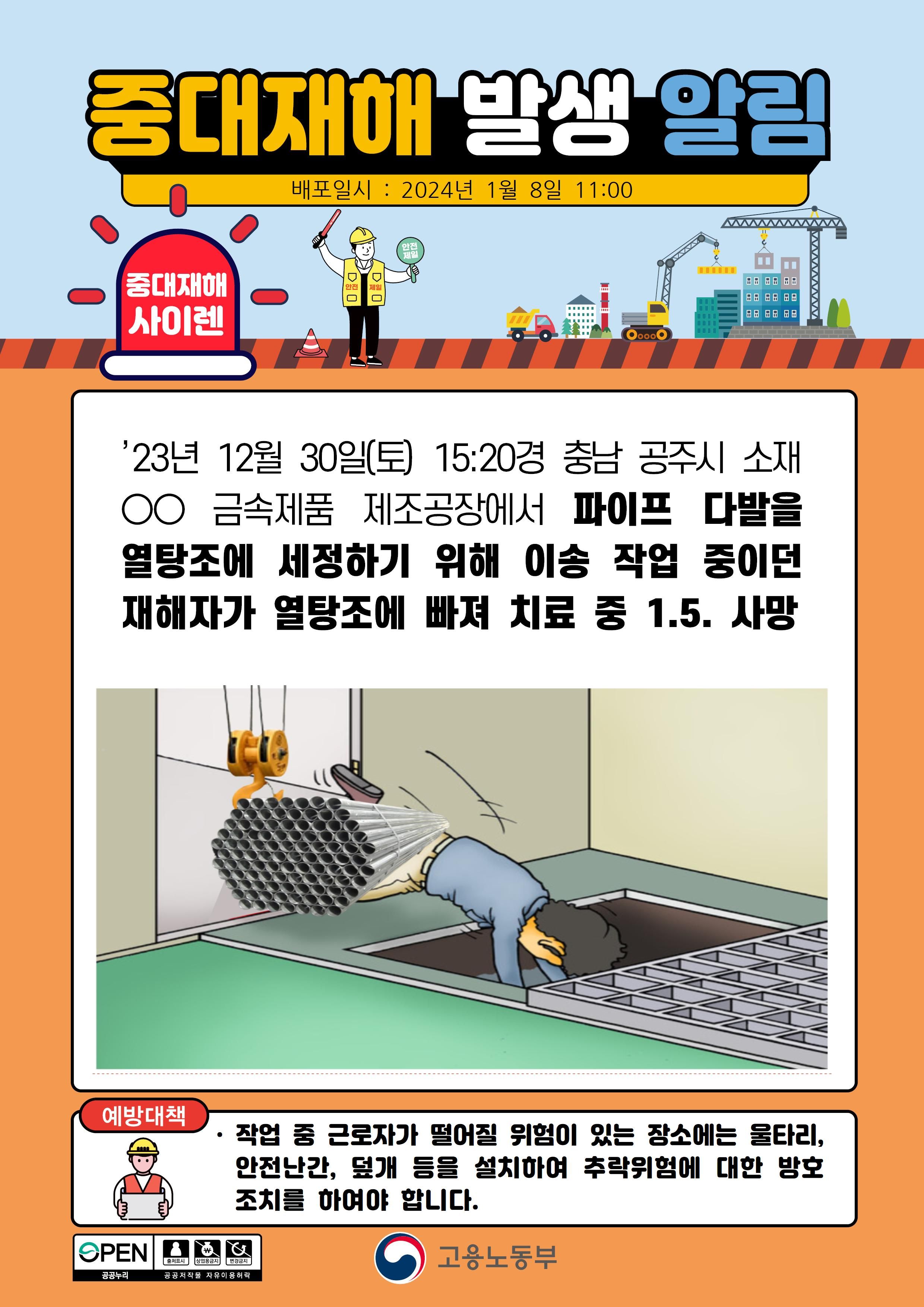 파이파 다발을 열탕조에서 세정하기위해 이송 중 열탕조에 빠짐