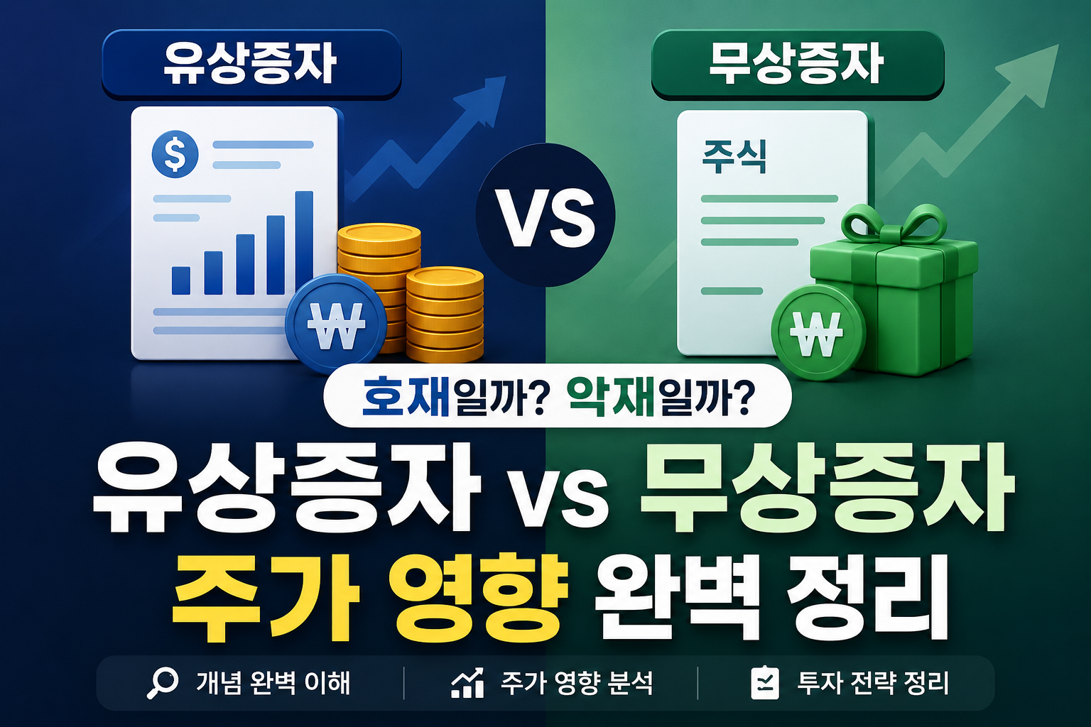 유상증자와 무상증자의 차이 및 주가 영향을 비교 분석한 금융 인포그래픽 이미지. 유상증자와 무상증자를 대비해 호재&middot;악재 여부와 투자 전략을 설명하는 블로그 대표 썸네일.
