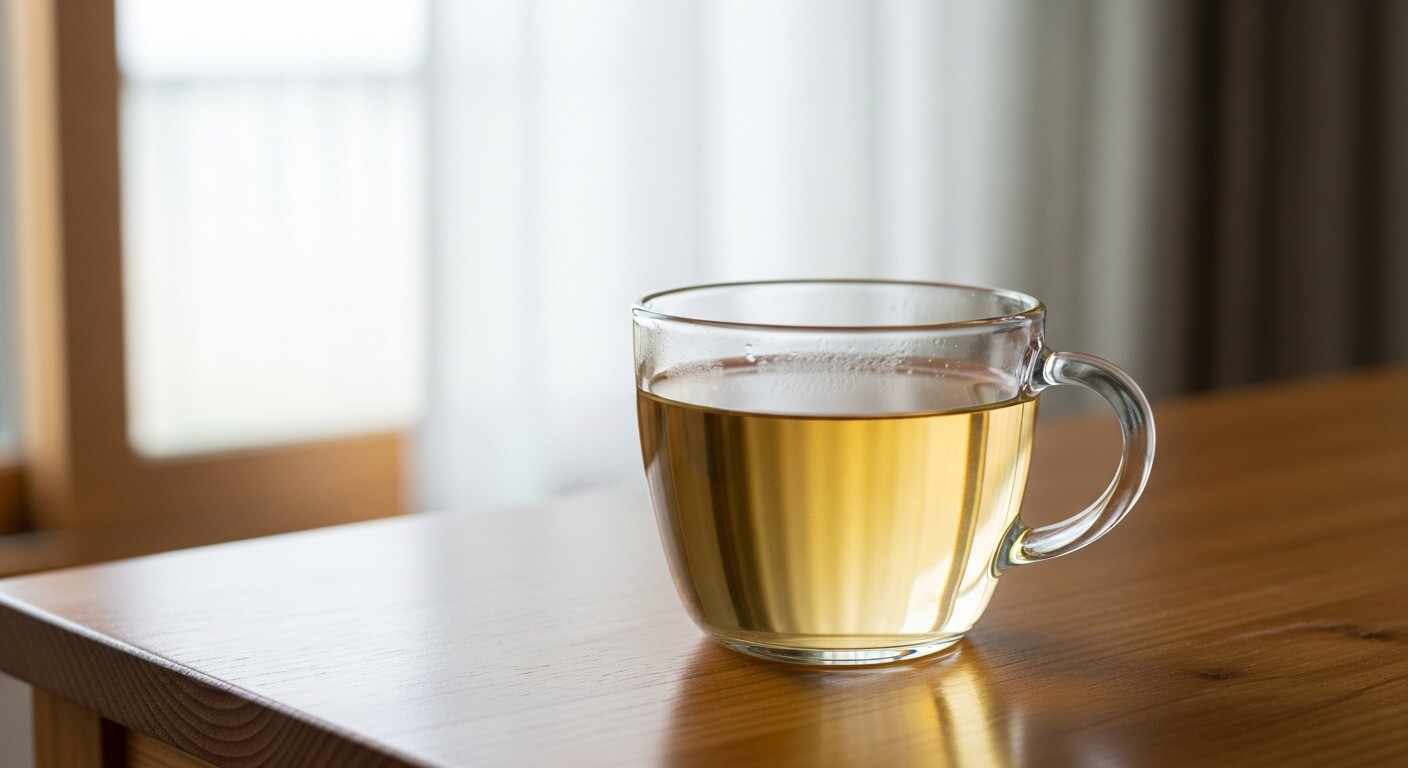 투명한 유리잔에 담긴 연한 색의 옥수수 수염차