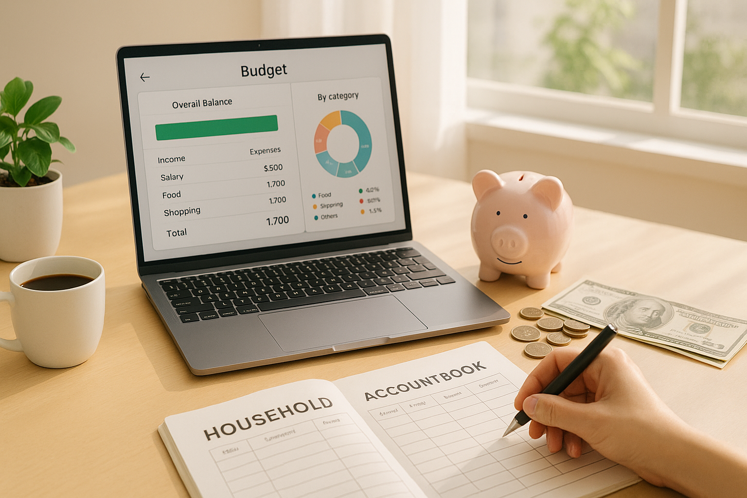 노트북과 가계부가 놓여있는 모습