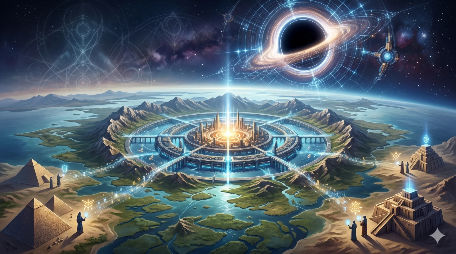 모래알의 망원경 🔭 요약: 시에라 모레나 산맥, 동심원 수로, 영거 드라이아스기, 블랙홀 에너지를 하나의 시스템 입학 시험지처럼 구성한 콜라주 이미지