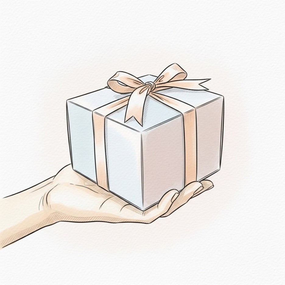 정성스럽게 포장된 케이크 상자를 든 손